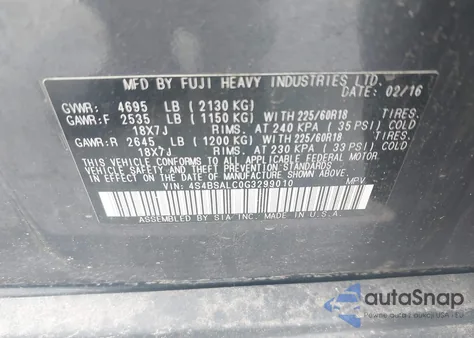 2016 Subaru Outback 2.5I Limited from USA, damaged, VIN 4S4BSALC0G3299010